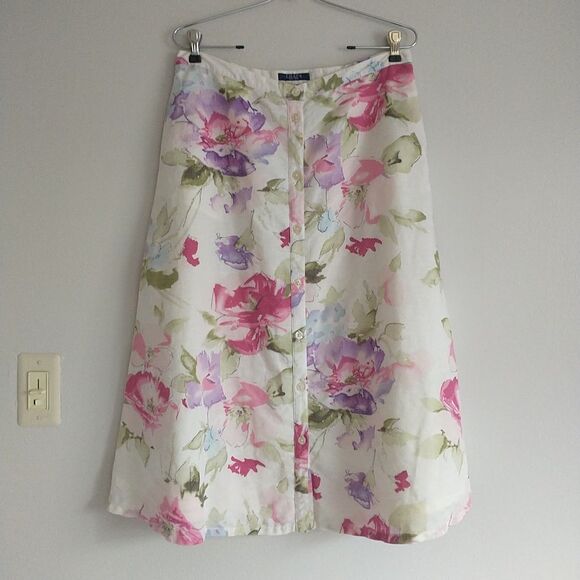 Chaps Dresses & Skirts - Chaps Midi Skirt Womens 10 Floral Linen Blend Button Front Watercolor Cottage